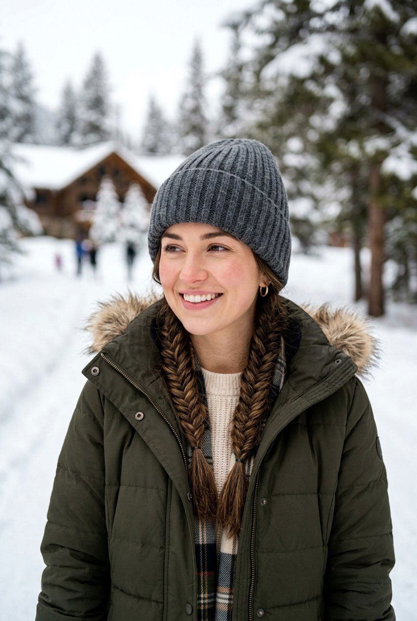 Double Braids With Beanie - 20 winter hairstyles for women - 20 winter hairstyles for women