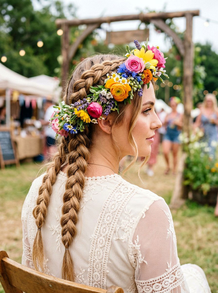 Double Braids With Floral Crown - 20 wedding hairstyles with flowers - 20 wedding hairstyles with flowers