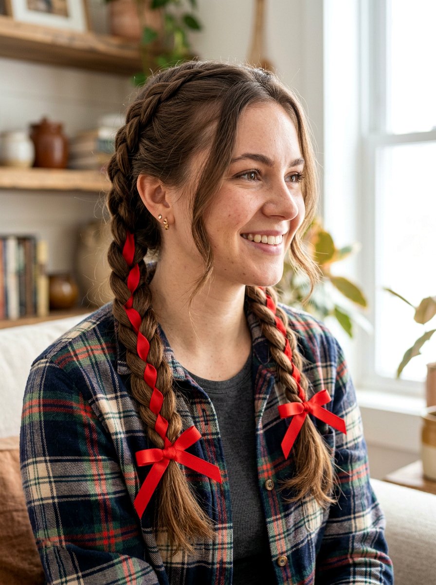 Double Braids With Red Ribbons - 20 red ribbons for medium brown hair - 20 red ribbons for medium brown hair