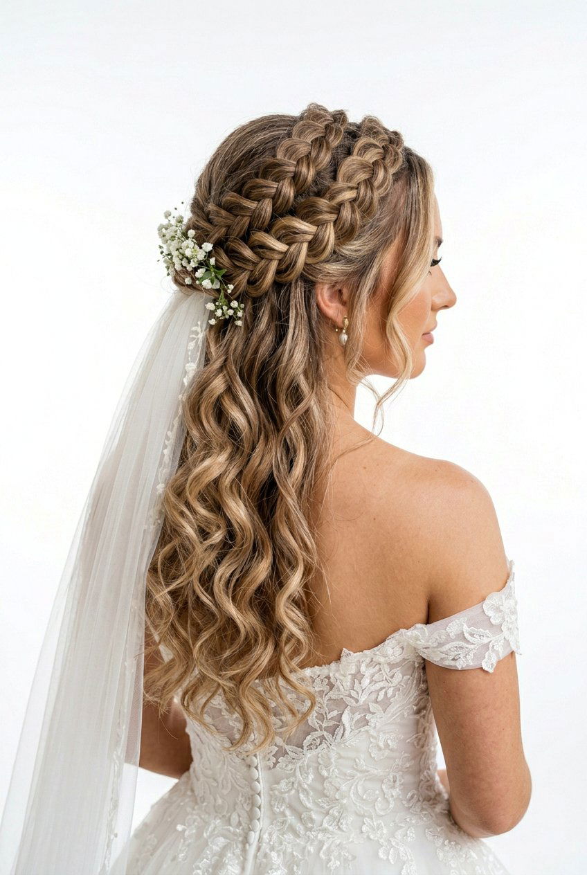 Double Bridal Braid Crown With Loose Curls - 20 bridal braid crown with loose curls - 20 bridal braid crown with loose curls