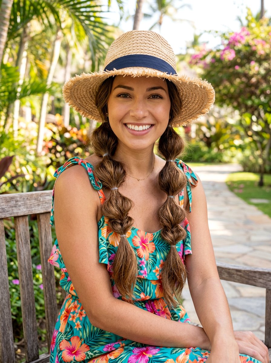 Double Bubble Braid Pigtails With Straw Hat - 20 vacation hairstyle with bubble braid ponytail - 20 vacation hairstyle with bubble braid ponytail