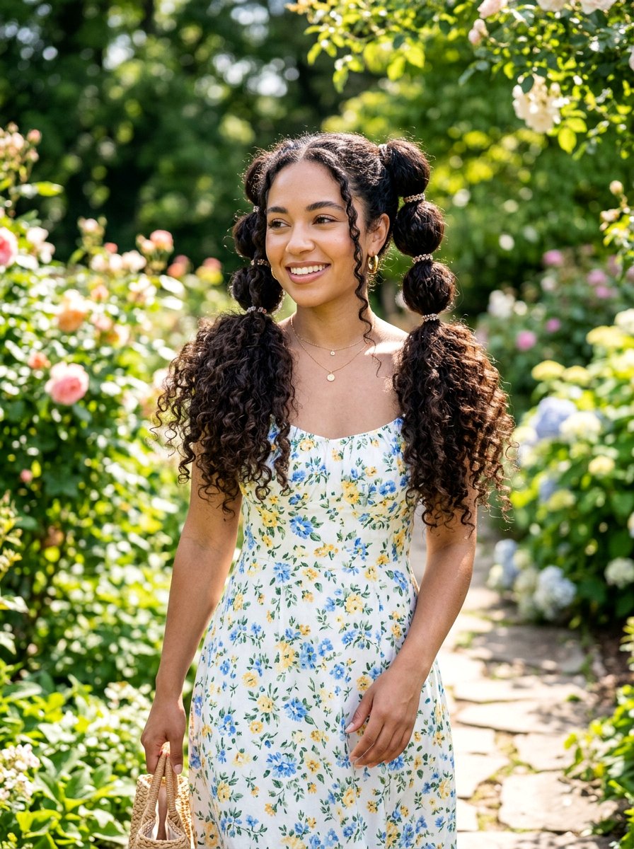 Double Bubble Braids With Curly Ends - 20 party hairstyle with bubble braids - 20 party hairstyle with bubble braids