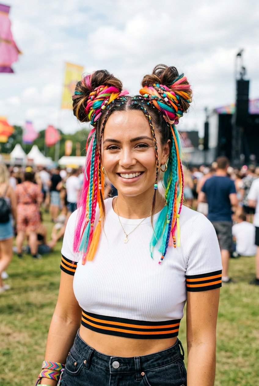 Double Bun Festival Hairstyle With Color - 20 festival hairstyles for women - 20 festival hairstyles for women