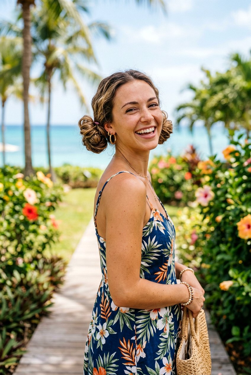 Double Bun Updo For Short To Medium Hair - 20 tropical vacation hairstyles - 20 tropical vacation hairstyles