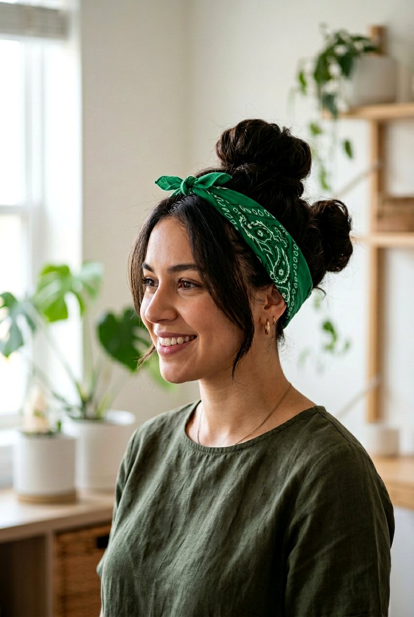 Double Bun With Bandana - 20 bandana bun hairstyle - 20 bandana bun hairstyle