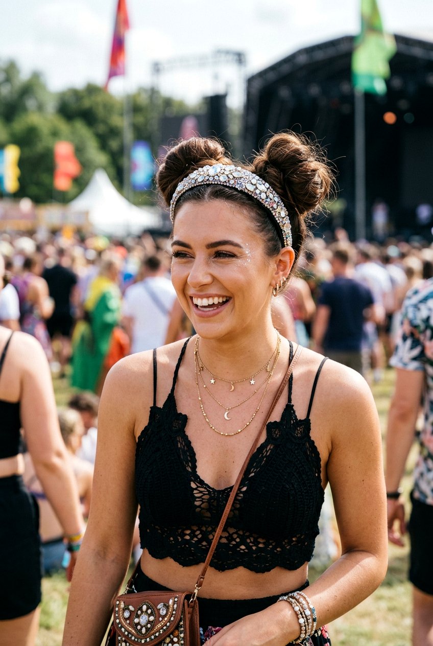 Double Bun With Sparkly Headband - 20 headband bun hairstyle - 20 headband bun hairstyle