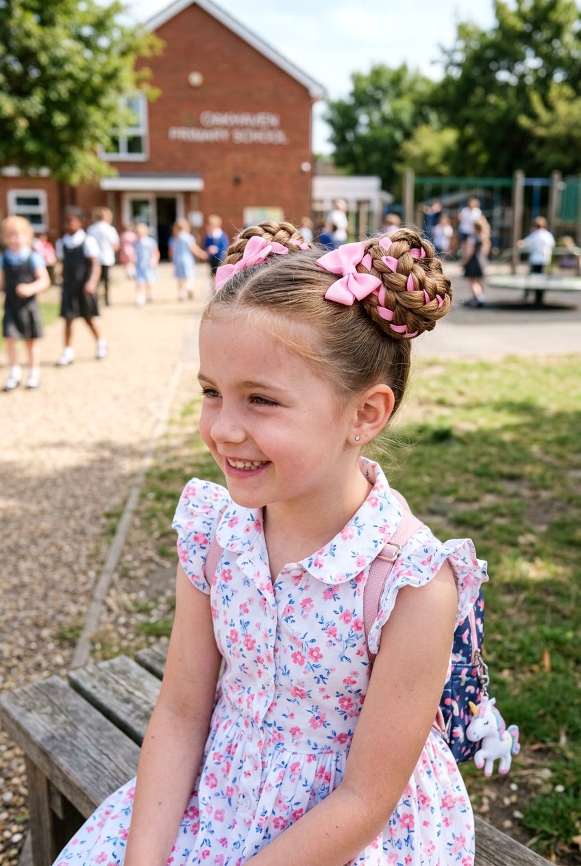 Double Buns With Ribbons For School - 20 little girls school bun hairstyle - 20 little girls school bun hairstyle
