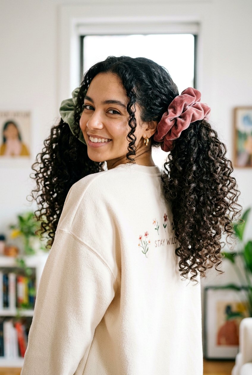 Double Curly Ponytails With Scrunchies - 20 soft girl ponytail with curls - 20 soft girl ponytail with curls