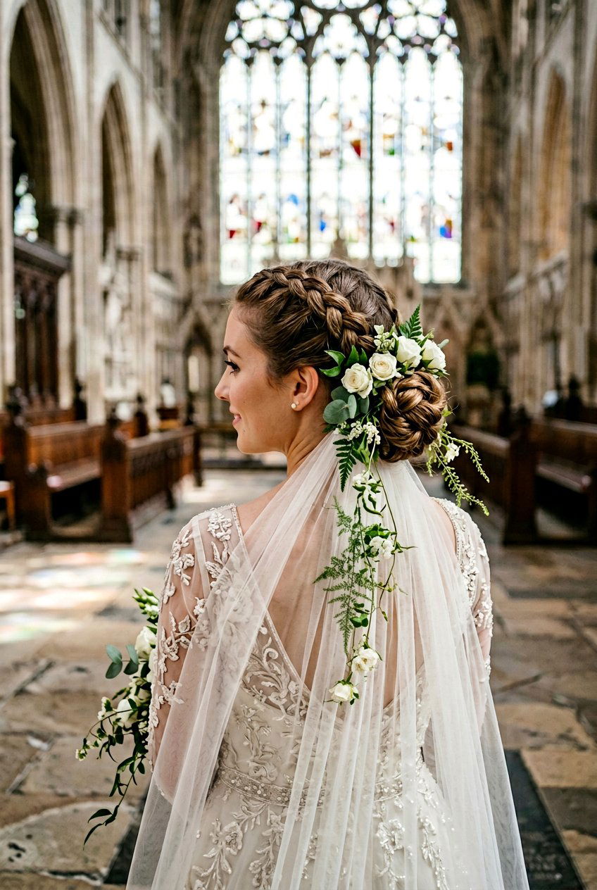 Double Dutch Braid Updo With Greenery And White Roses - 20 floral bridal braid hairstyle - 20 floral bridal braid hairstyle