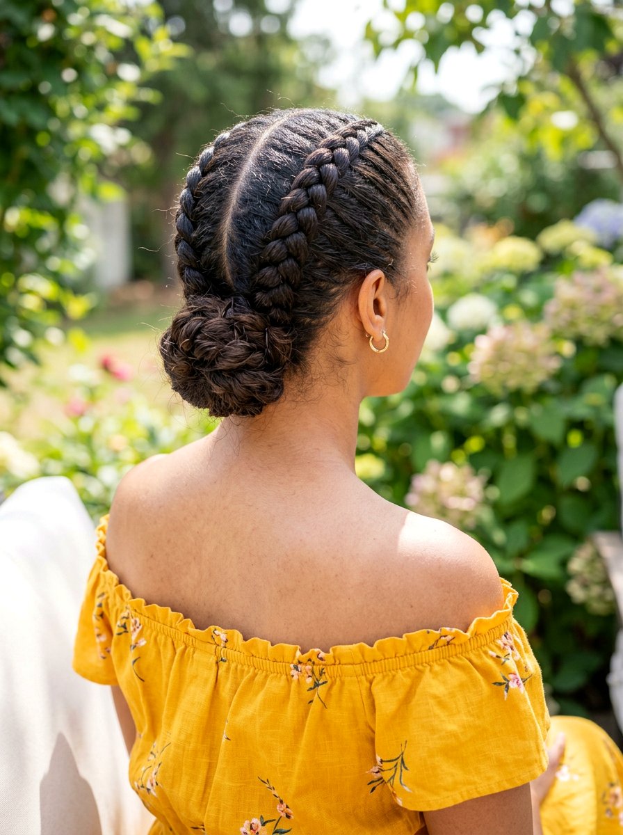 Double Dutch Braids Into Bun - 20 party hairstyle for off shoulder dress - 20 party hairstyle for off shoulder dress