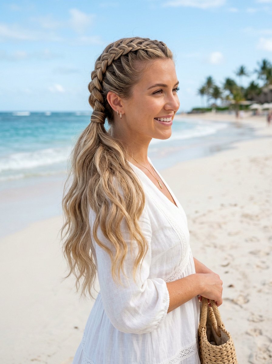 Double Dutch Braids Into Low Beach Waves - 20 vacation hairstyle with low beach waves - 20 vacation hairstyle with low beach waves