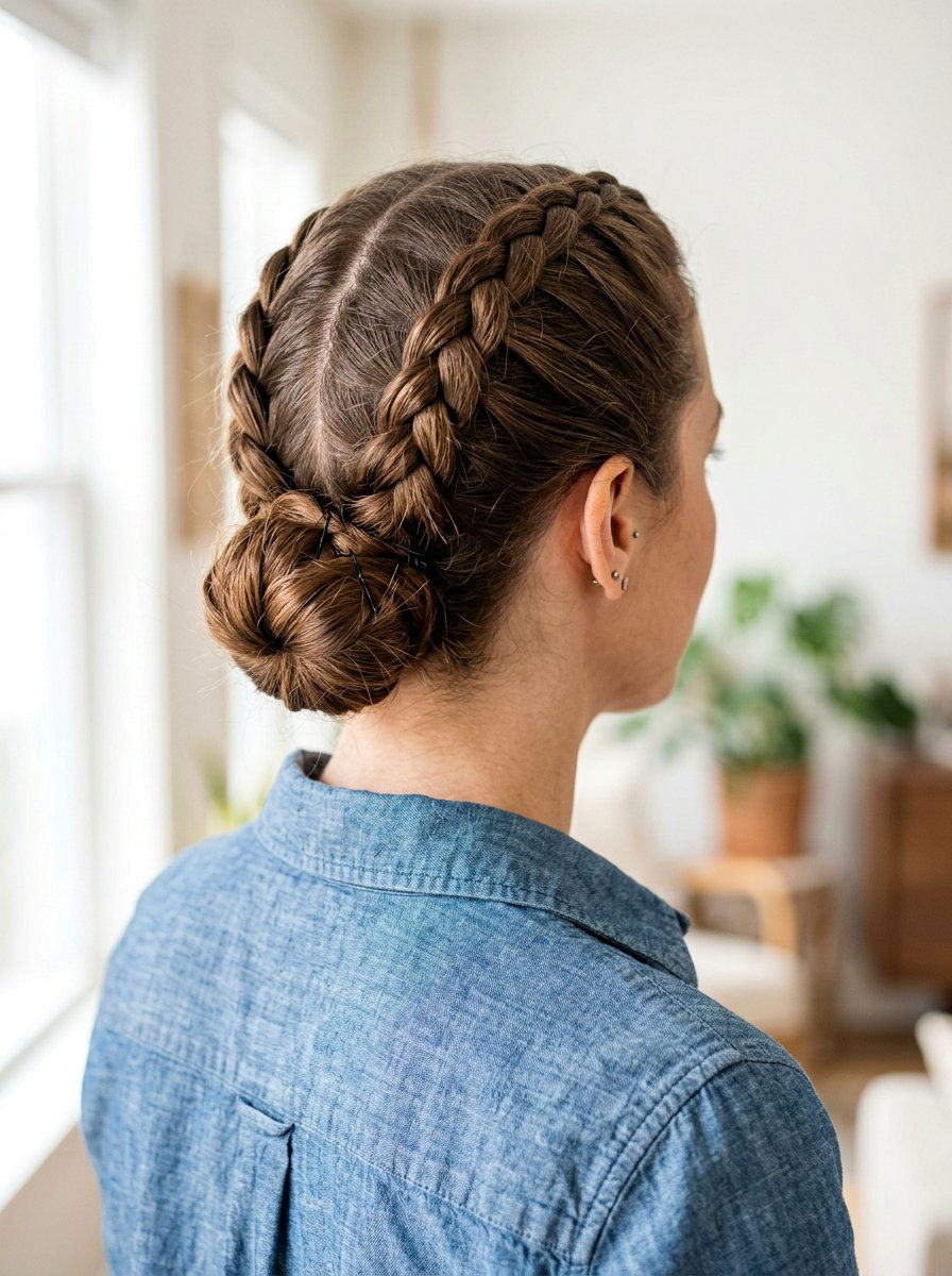 Double Dutch Braids To Bun - 20 quick office hairstyle for medium hair - 20 quick office hairstyle for medium hair
