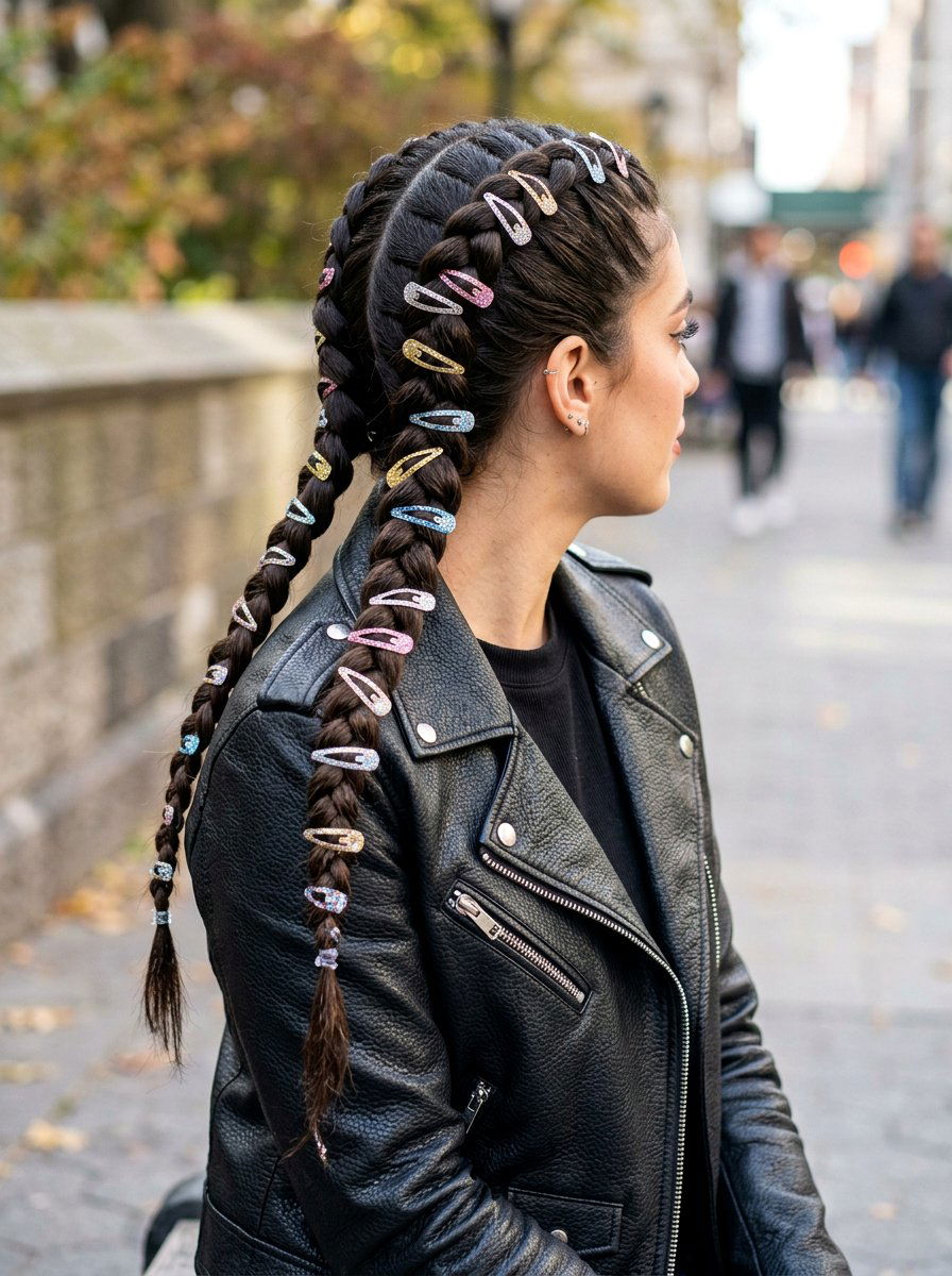 Double Dutch Braids With Glitter Clips - 20 party hairstyle with glitter clips - 20 party hairstyle with glitter clips