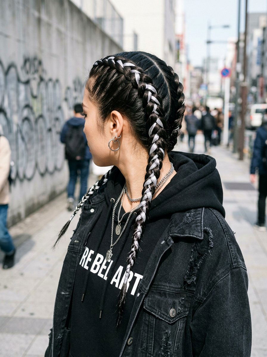 Double Dutch Braids With Silver Ribbon - 20 silver ribbons for shoulder length hair - 20 silver ribbons for shoulder length hair