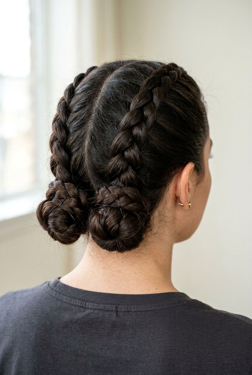Double Dutch Braids into Low Buns - 20 last day of school hairstyles - 20 last day of school hairstyles