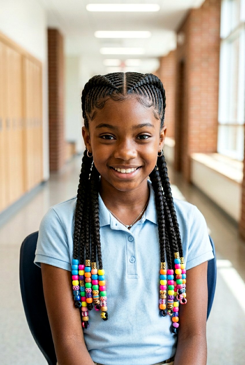 Double Dutch Cornrows with Beaded Ends into Braided Tails - 20 school cornrow styles for black girls - 20 school cornrow styles for black girls