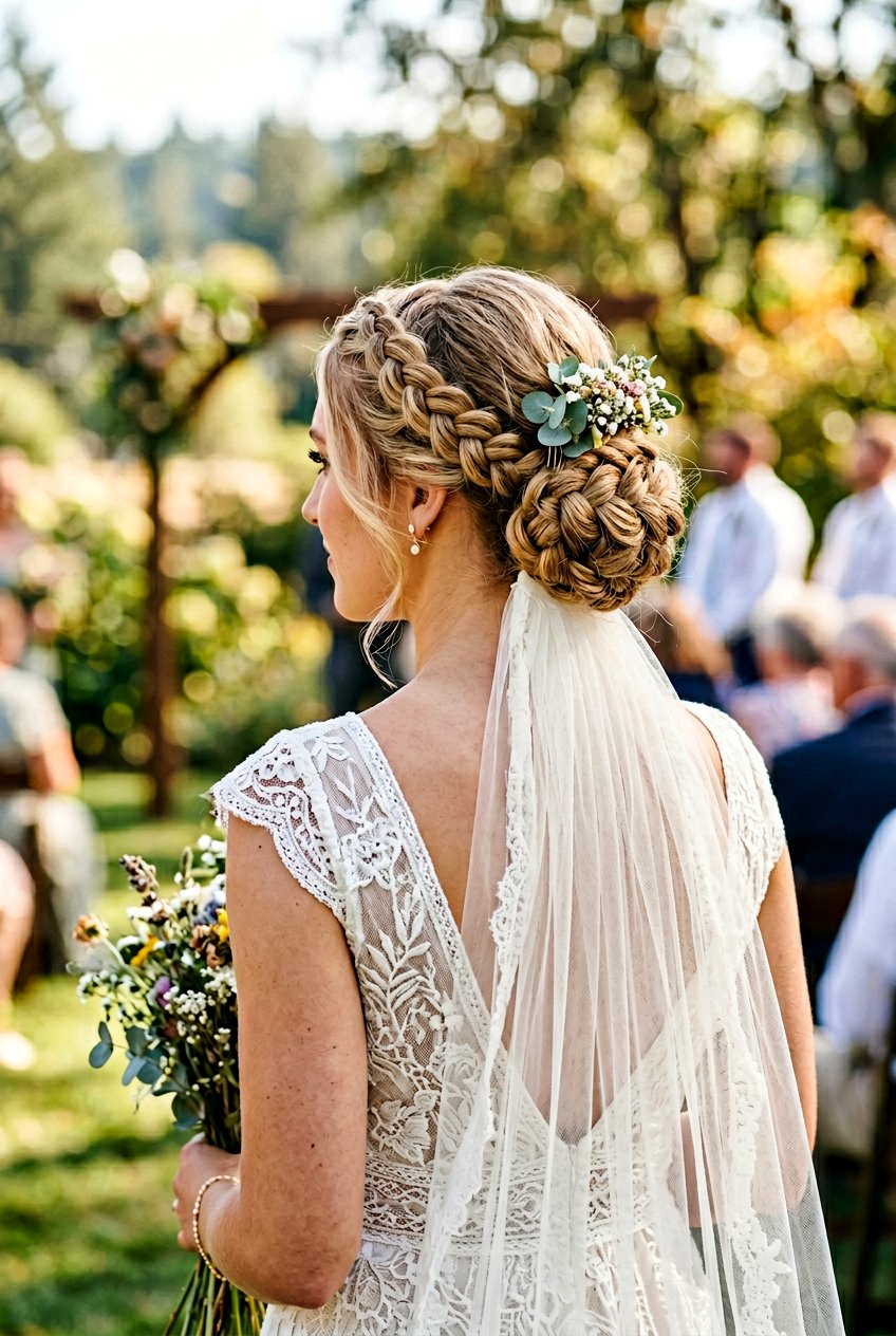 Double French Braid Updo With Veil - 20 bridal hairstyle for thick hair with veil - 20 bridal hairstyle for thick hair with veil