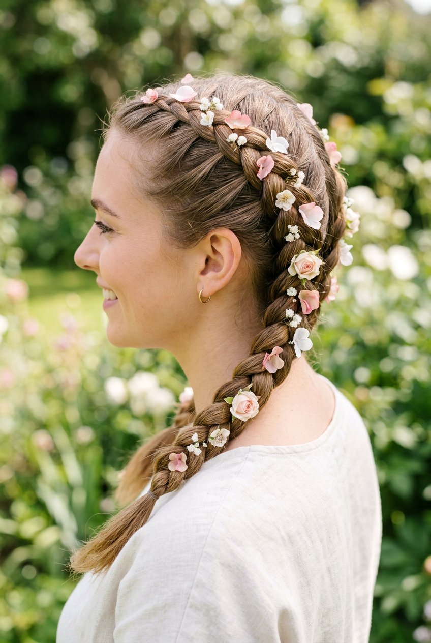 Double French Braid With Petals - 20 fairycore braid hairstyle with flowers - 20 fairycore braid hairstyle with flowers