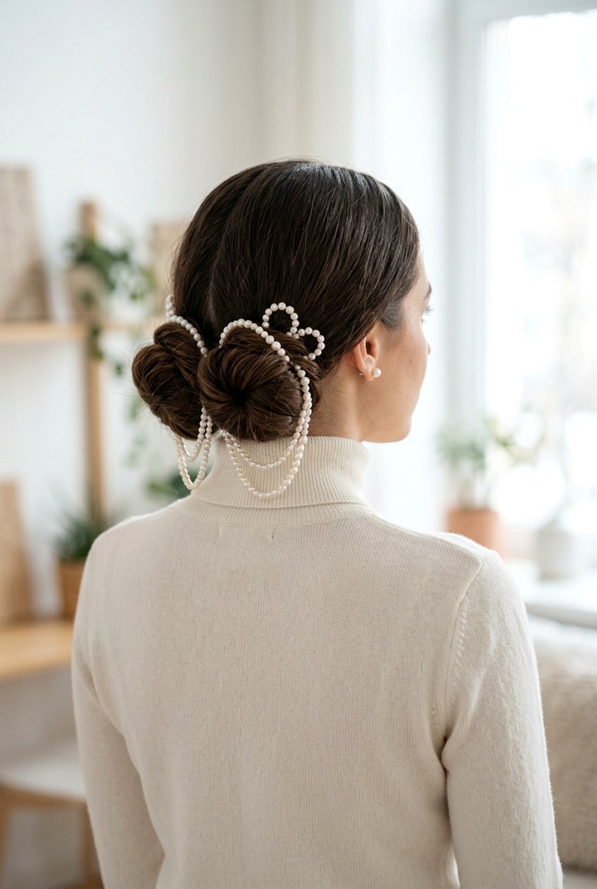 Double Low Bun With Pearl Strings - 20 birthday hairstyle with low bun and pearls - 20 birthday hairstyle with low bun and pearls