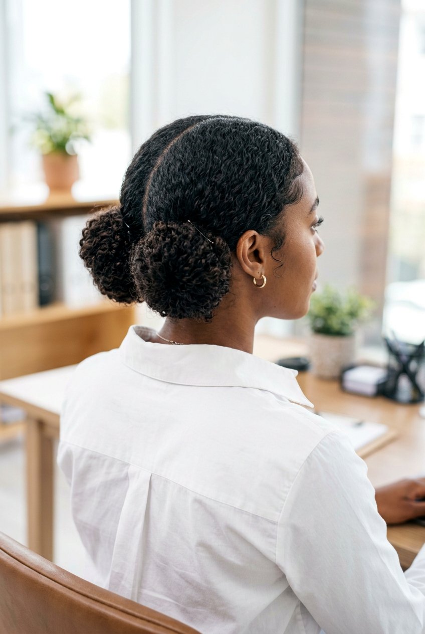 Double Low Buns - 20 easy work hairstyle for long curly hair - 20 easy work hairstyle for long curly hair