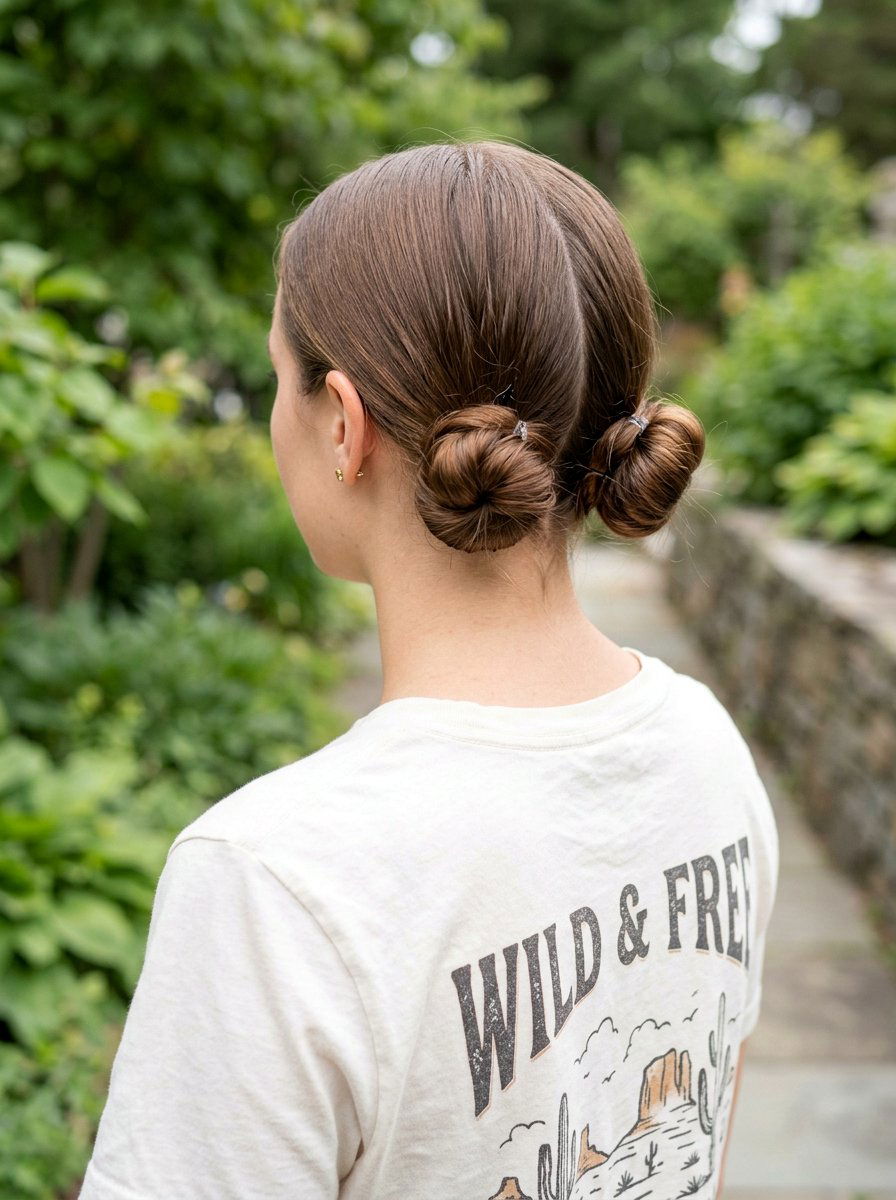Double Low Buns For Medium Hair - 20 quick hairstyle for college classes - 20 quick hairstyle for college classes