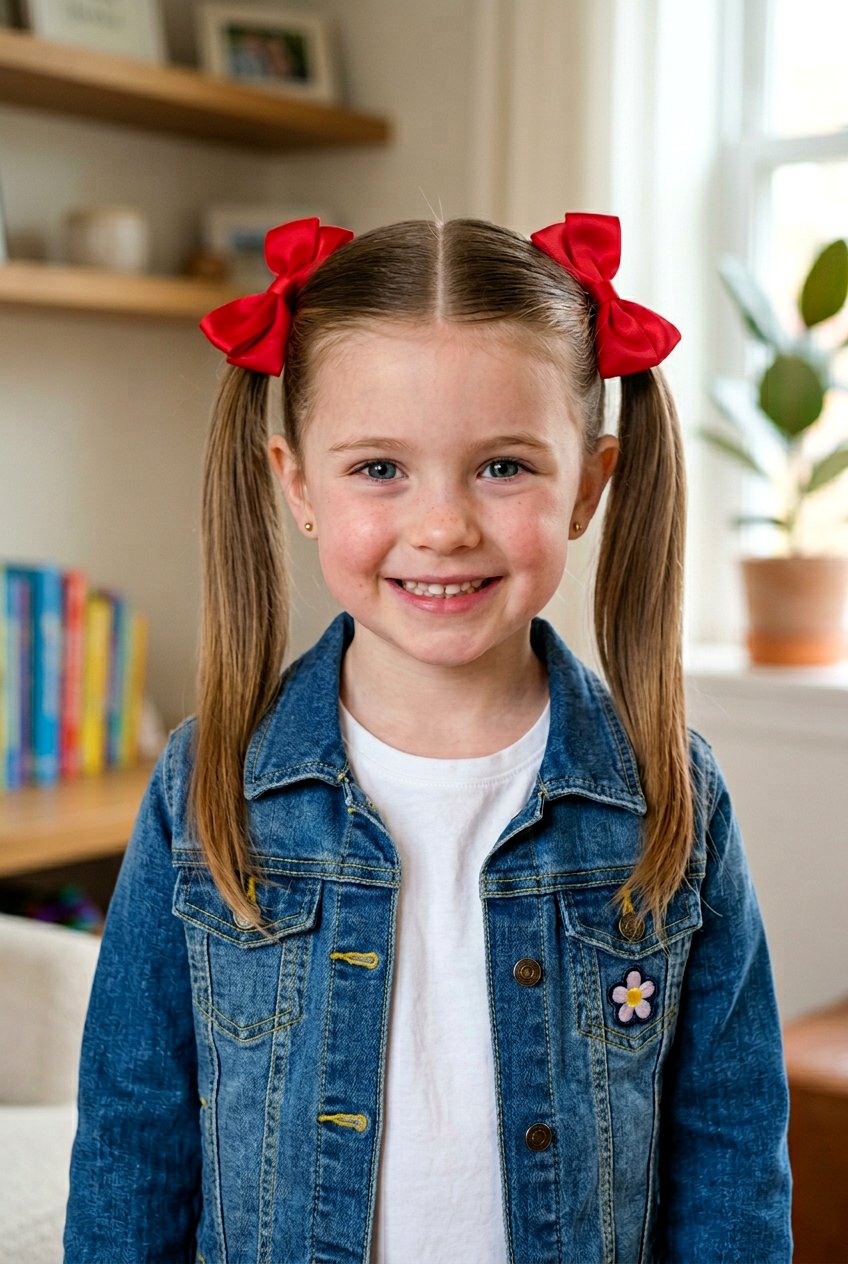 Double Pigtails With Matching Ribbon Bows - 20 little girls ponytail with ribbon bow - 20 little girls ponytail with ribbon bow