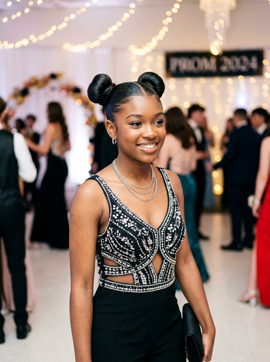 Double Sleek Space Buns - 20 teen girls prom hairstyle with sleek bun - 20 teen girls prom hairstyle with sleek bun