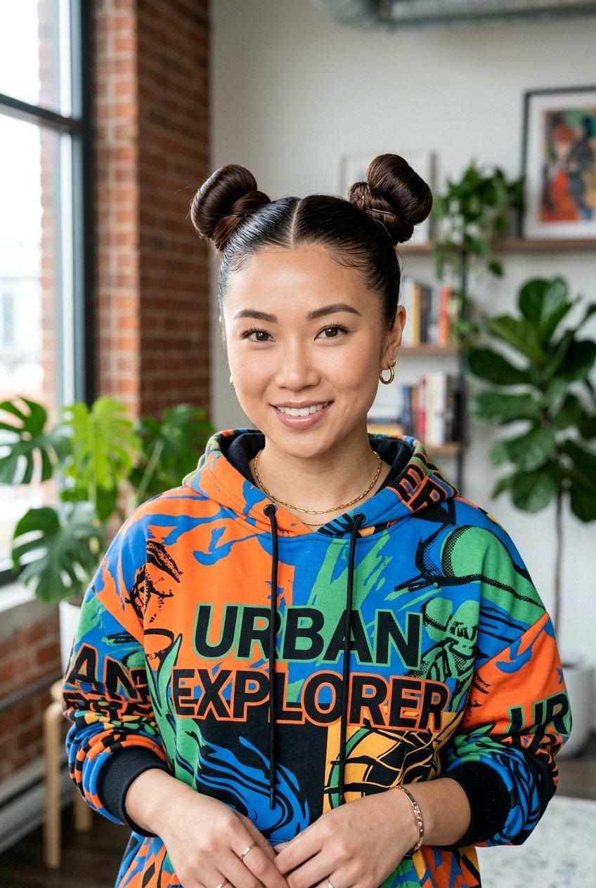 Double Slicked Space Buns - 20 editorial slick bun hairstyle - 20 editorial slick bun hairstyle