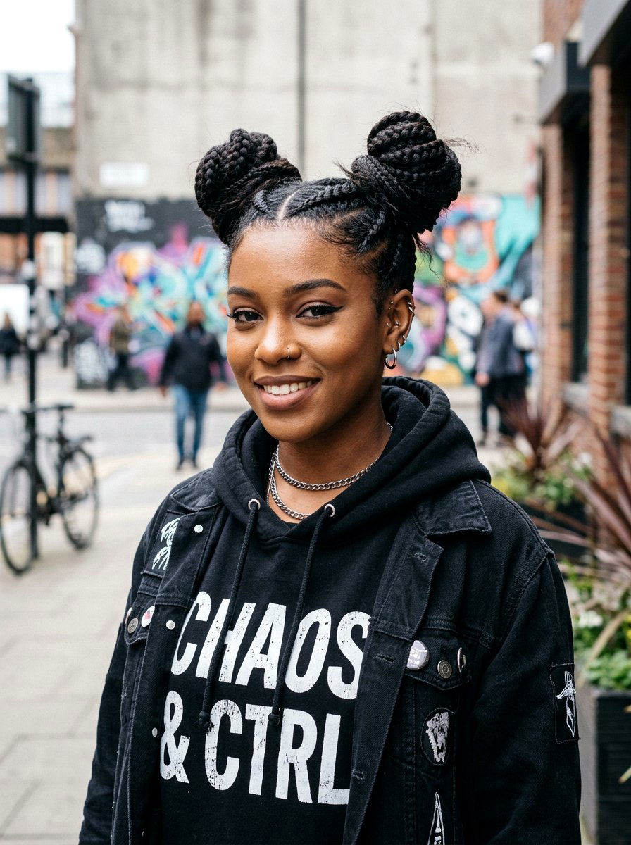 Double Space Buns With Braids - 20 cute hairstyle for amusement park - 20 cute hairstyle for amusement park