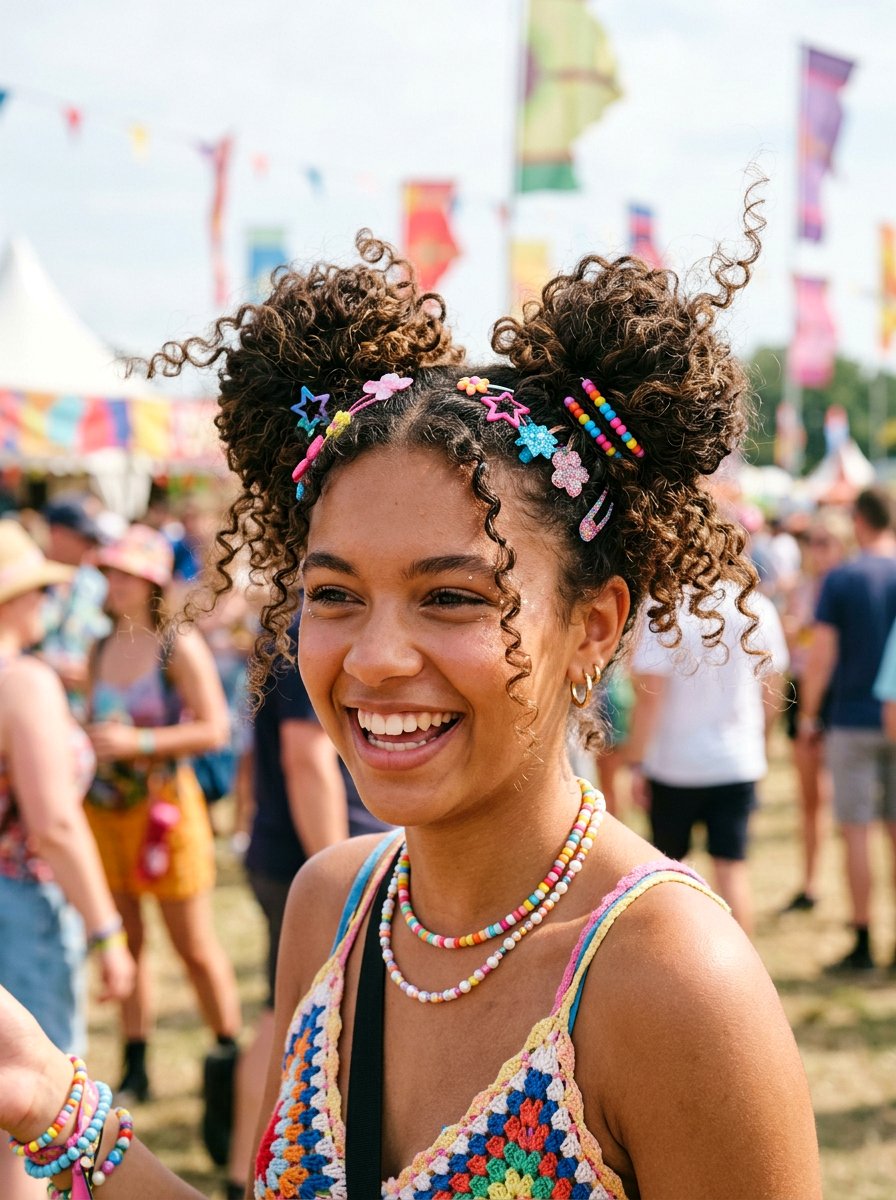 Double Space Buns With Curls - 20 cute hairstyle for teenage girls curls - 20 cute hairstyle for teenage girls curls