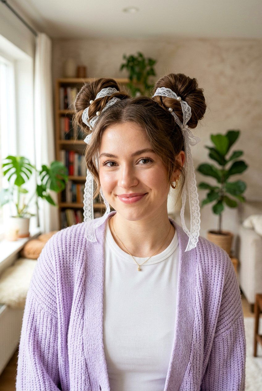 Double Space Buns With Ribbons - 20 coquette bow bun hairstyle - 20 coquette bow bun hairstyle