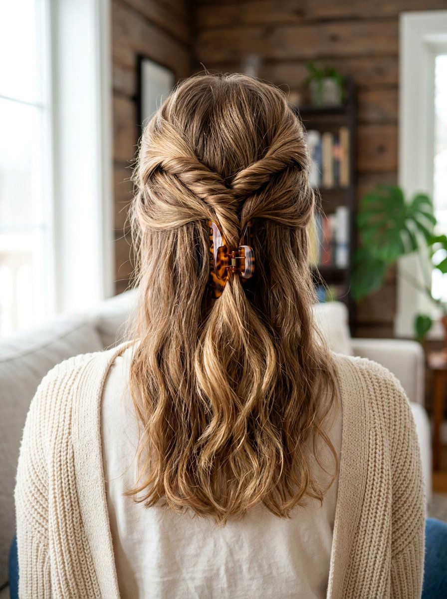 Double Twisted Half Up Claw Clip - 20 school half up claw clip hairstyle - 20 school half up claw clip hairstyle