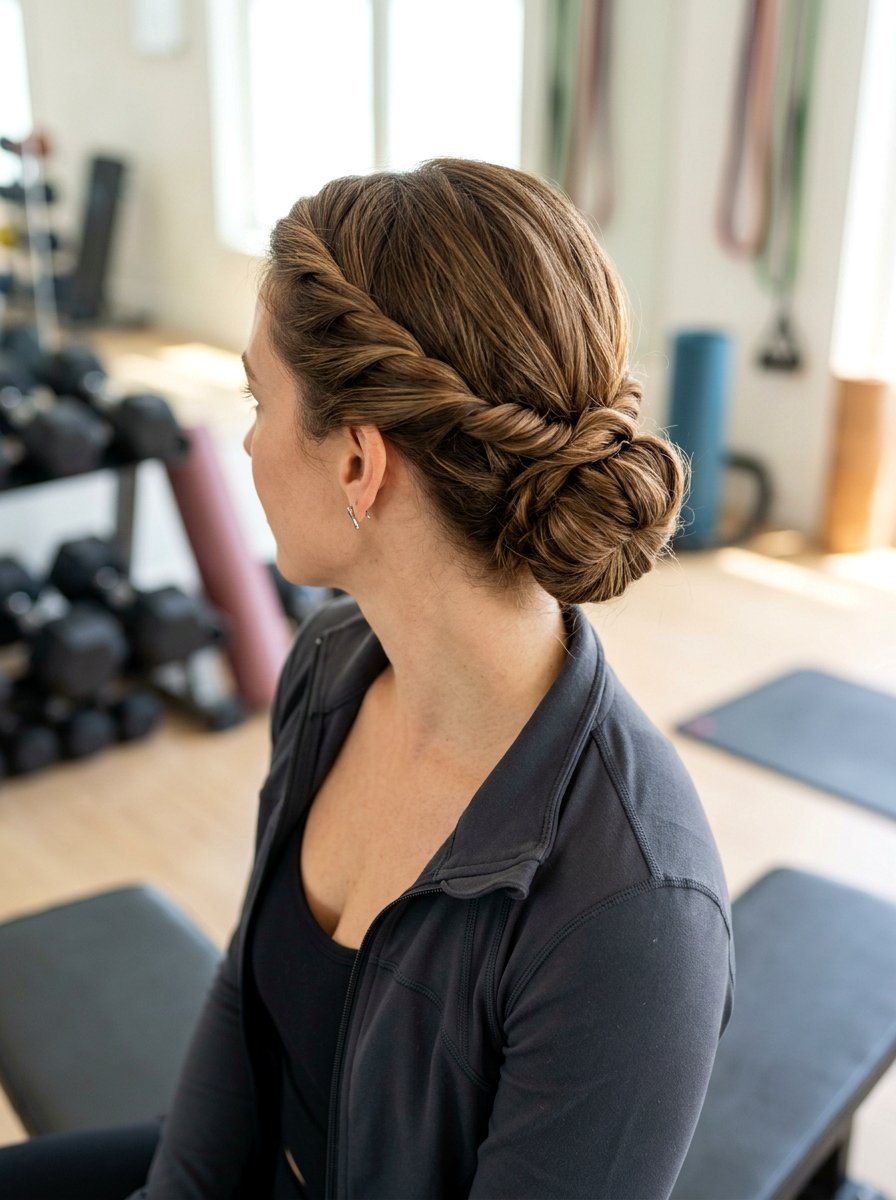 Double Twisted Low Bun For Medium Layers - 20 gym hairstyle for medium layers - 20 gym hairstyle for medium layers