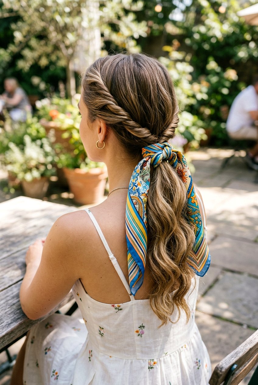 Double Twisted Low Scarf Ponytail - 20 beach hairstyle with low scarf ponytail - 20 beach hairstyle with low scarf ponytail