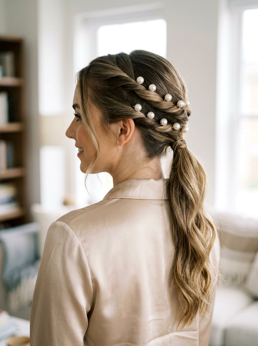 Double Twisted Pearl Ponytail - 20 party hairstyle with pearl ponytail - 20 party hairstyle with pearl ponytail