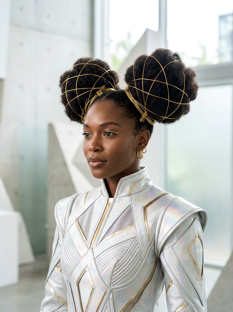 Double puffs with gold wire - 20 prom hairstyles for natural hair - 20 prom hairstyles for natural hair