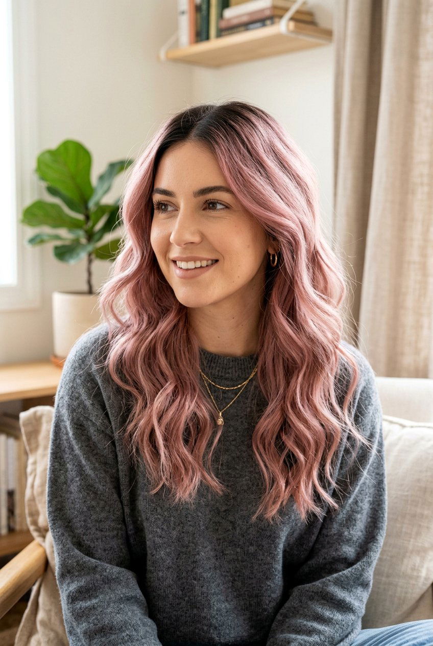Dusty Rose with Dark Roots and Waves - 20 dusty rose hair color - 20 dusty rose hair color