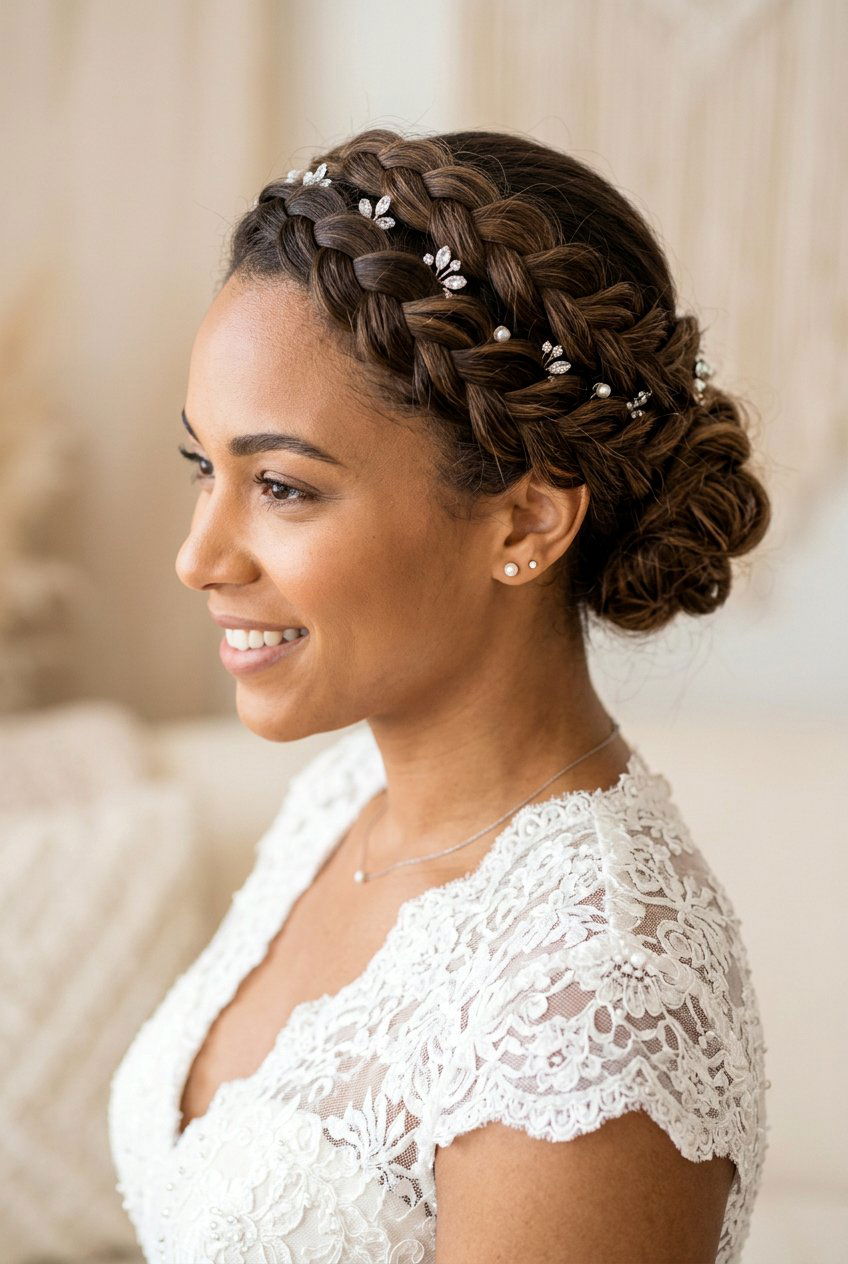 Dutch Braid Crown Updo - 20 bridal braid styles for black women - 20 bridal braid styles for black women
