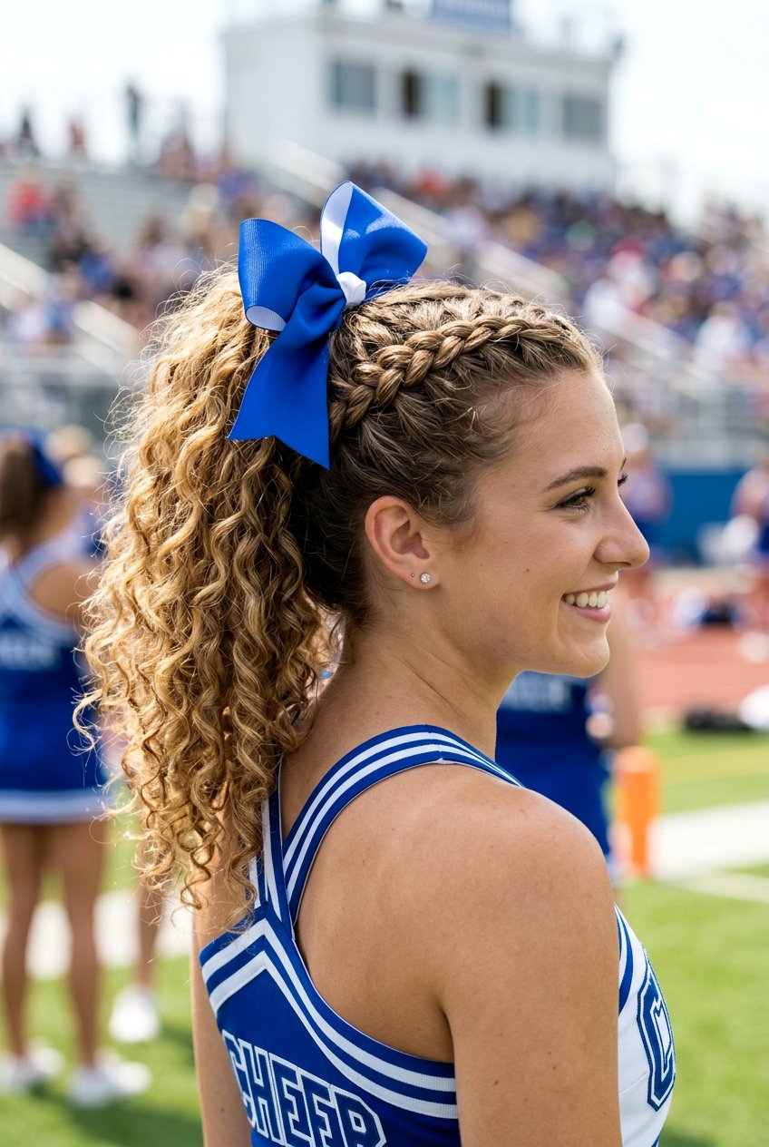 Dutch Braid Into Curly Cheer Ponytail - 20 cheer ponytail with curls - 20 cheer ponytail with curls