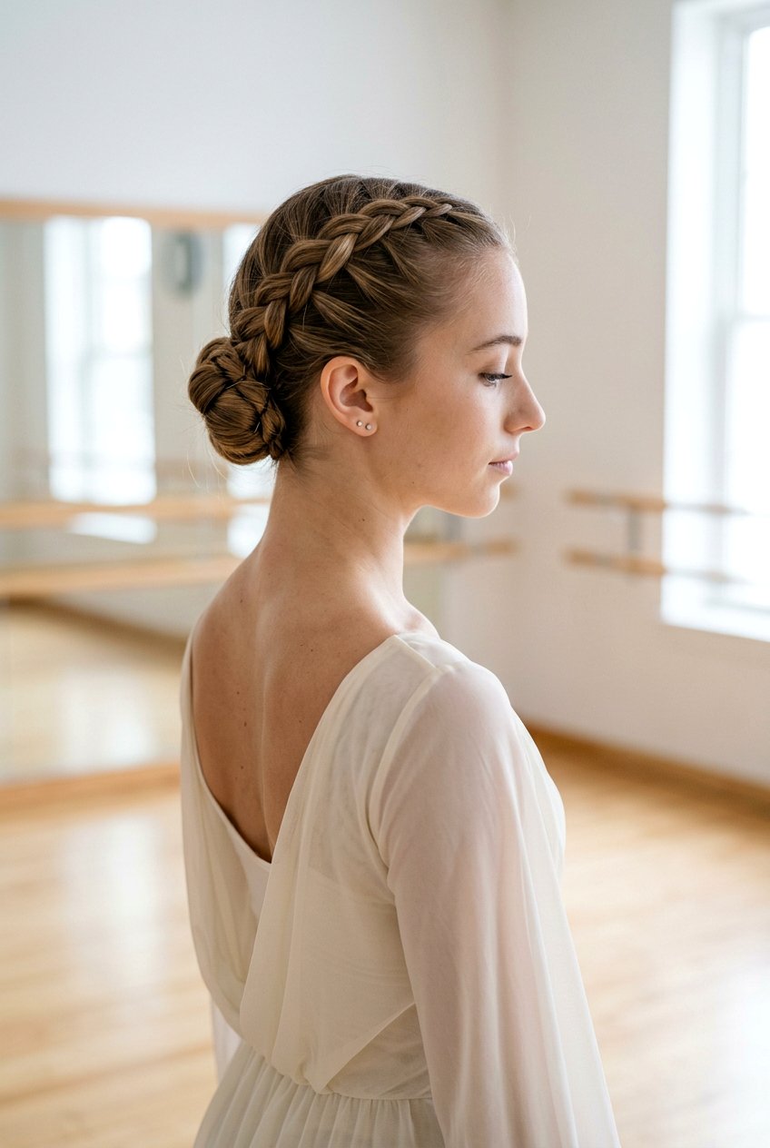 Dutch Braid Into Low Bun - 20 competition dance hairstyles - 20 competition dance hairstyles