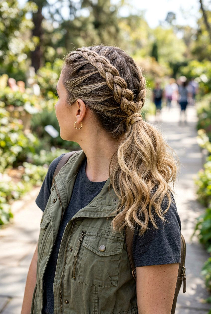 Dutch Braid Into Ponytail - 20 camping hairstyle for medium hair - 20 camping hairstyle for medium hair