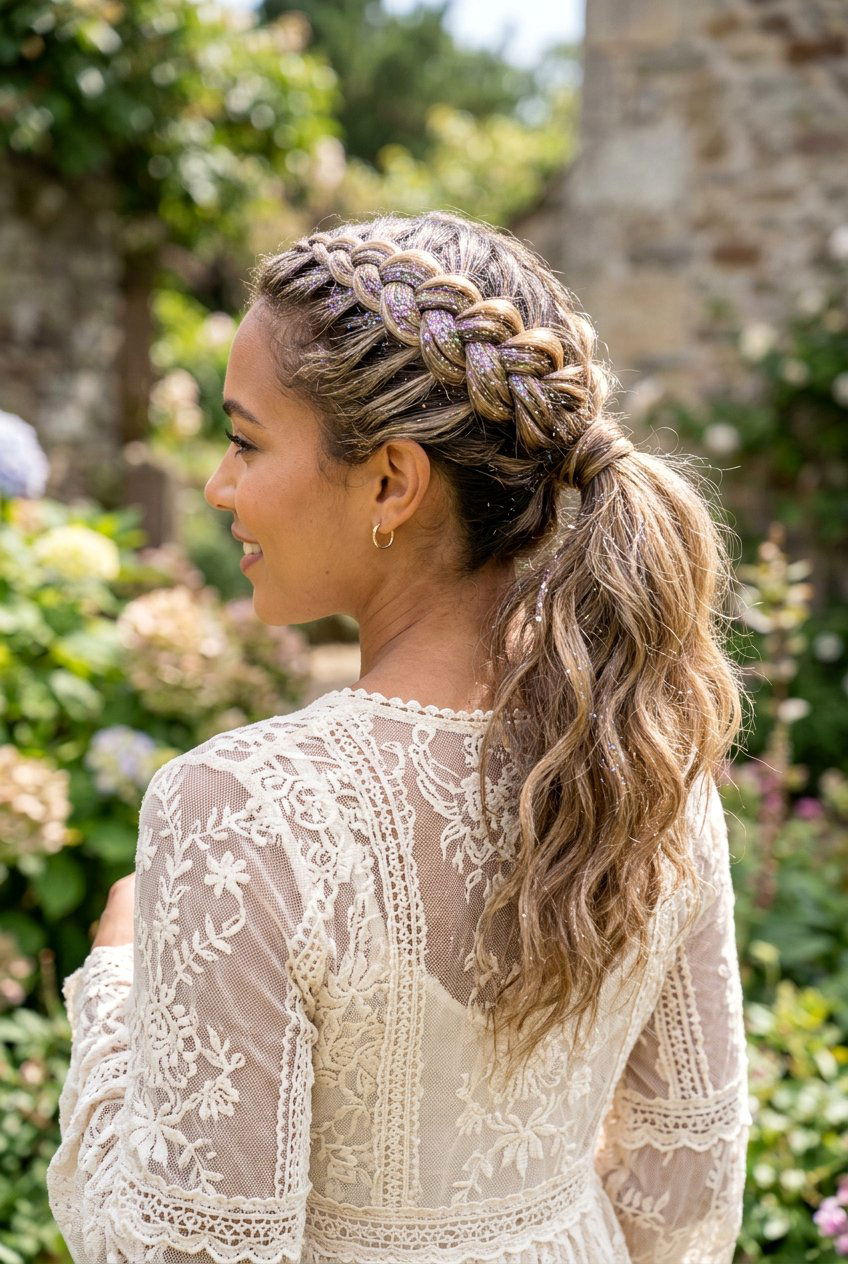 Dutch Braid Ponytail With Iridescent Sparkle - 20 festival braid ponytail with glitter - 20 festival braid ponytail with glitter