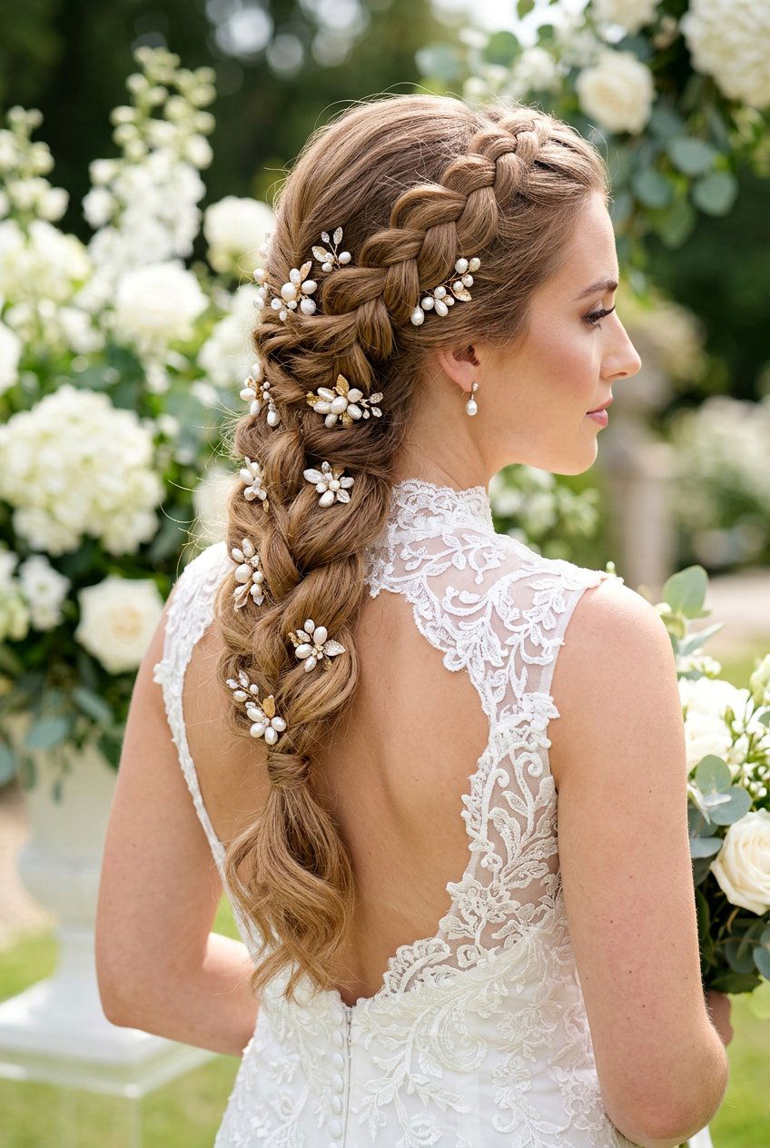 Dutch Braid With Freshwater Pearl Pins - 20 bridal hairstyle with floral pins - 20 bridal hairstyle with floral pins