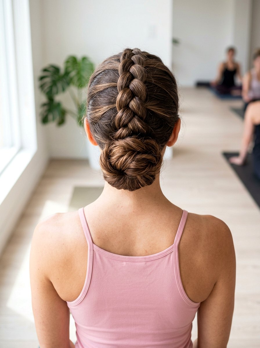 Dutch Braided Low Bun - 20 yoga hairstyle with low bun - 20 yoga hairstyle with low bun