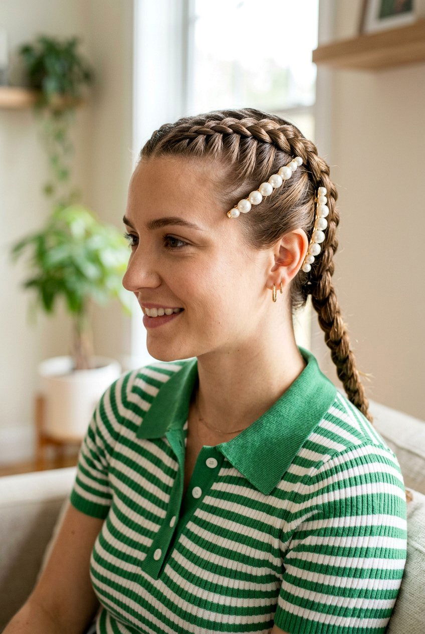 Dutch Braids With Pearl Side Clips - 20 school hairstyle with pearl clips - 20 school hairstyle with pearl clips