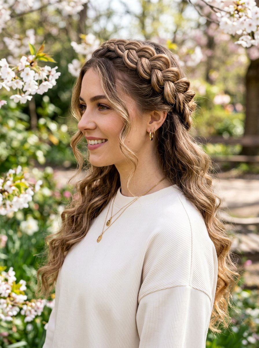 Dutch Crown Braid With Loose Curls - 20 crown braid with loose curls - 20 crown braid with loose curls