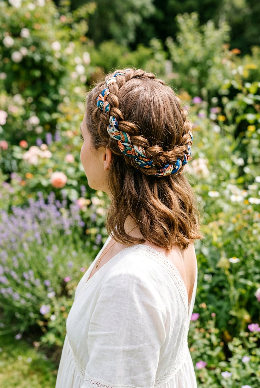 Dutch Crown Braid With Scarf - 20 braided scarf hairstyle - 20 braided scarf hairstyle