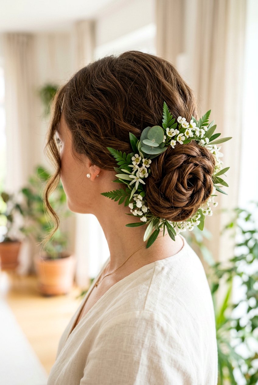 Dutch Flower Bun With Greenery - 20 fairycore braid hairstyle with flowers - 20 fairycore braid hairstyle with flowers