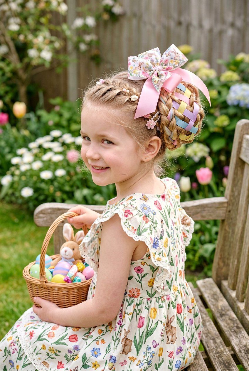 Easter Basket Bun With Ribbon And Bow - 20 easter hairstyles for little girls with bows - 20 easter hairstyles for little girls with bows