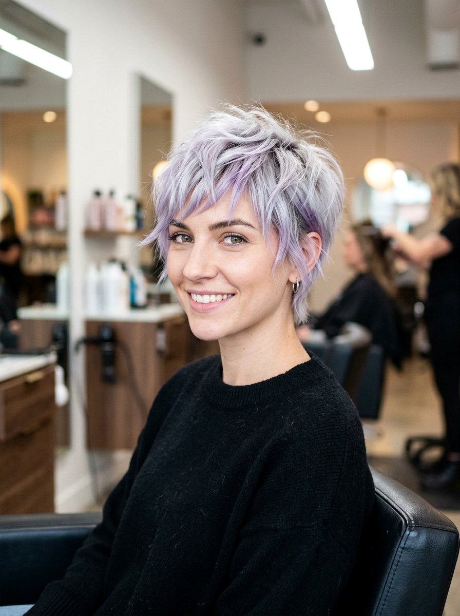 Edgy silver pixie with purple tints - 20 wispy pixie haircut for older women - 20 wispy pixie haircut for older women